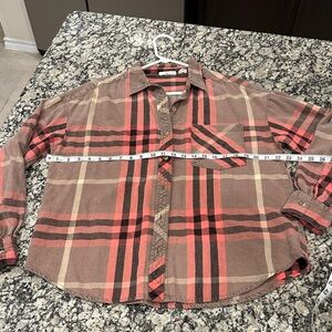 Modish Rebel Plaid Button-Up Shirt in Coral and Brown size M